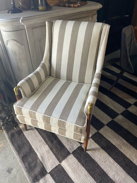 Custom Upholstered Tan and White Striped Chair with Brass Details