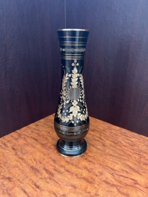 Etched Brass and Black Vase