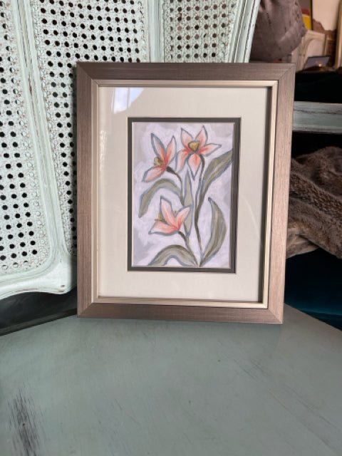 Pewter Framed Pink Flower Art