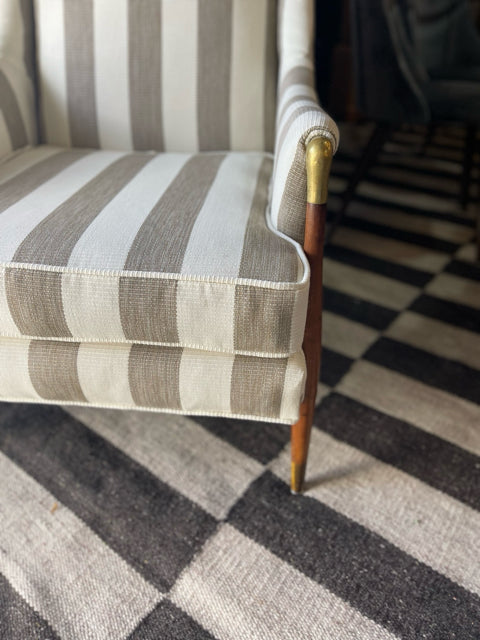 Custom Upholstered Tan and White Striped Chair with Brass Details