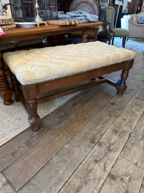 Cream tufted Leather Ottoman with Drawers