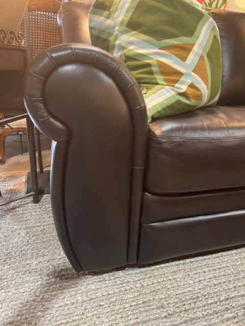 Dark Brown Leather Rolled Arm Love Seat