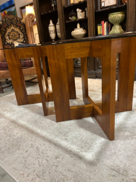 Contemporary Wood Base Glass Top Table