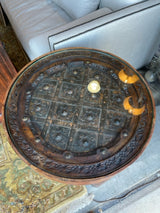 Round Old World Side Table with glass top and Iron Accents