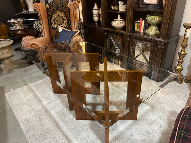 Contemporary Wood Base Glass Top Table