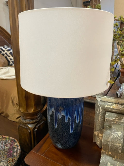 Blue Ceramic Based Lamp with Cream drum shade
