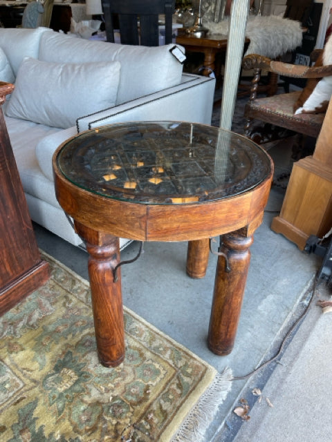 Round Old World Side Table with glass top and Iron Accents