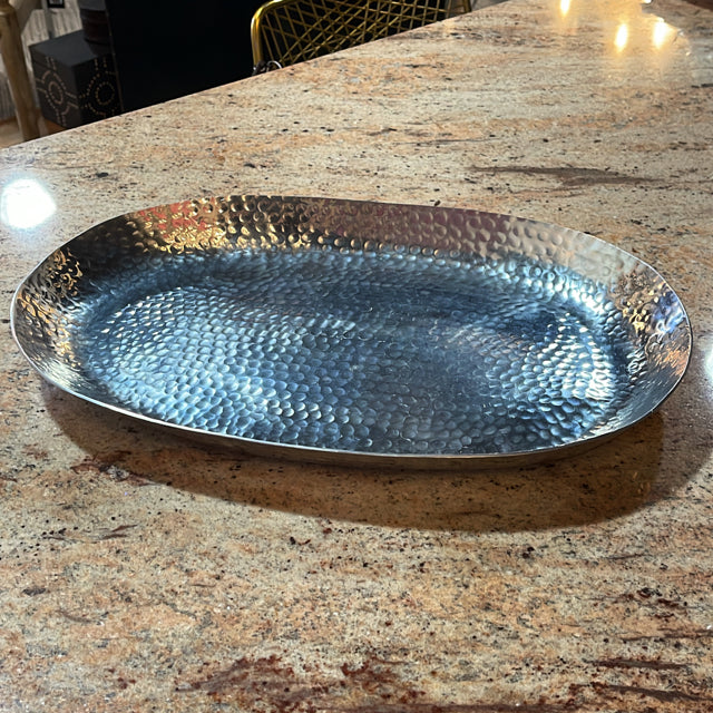 Oval Silver Hammered Metal Tray